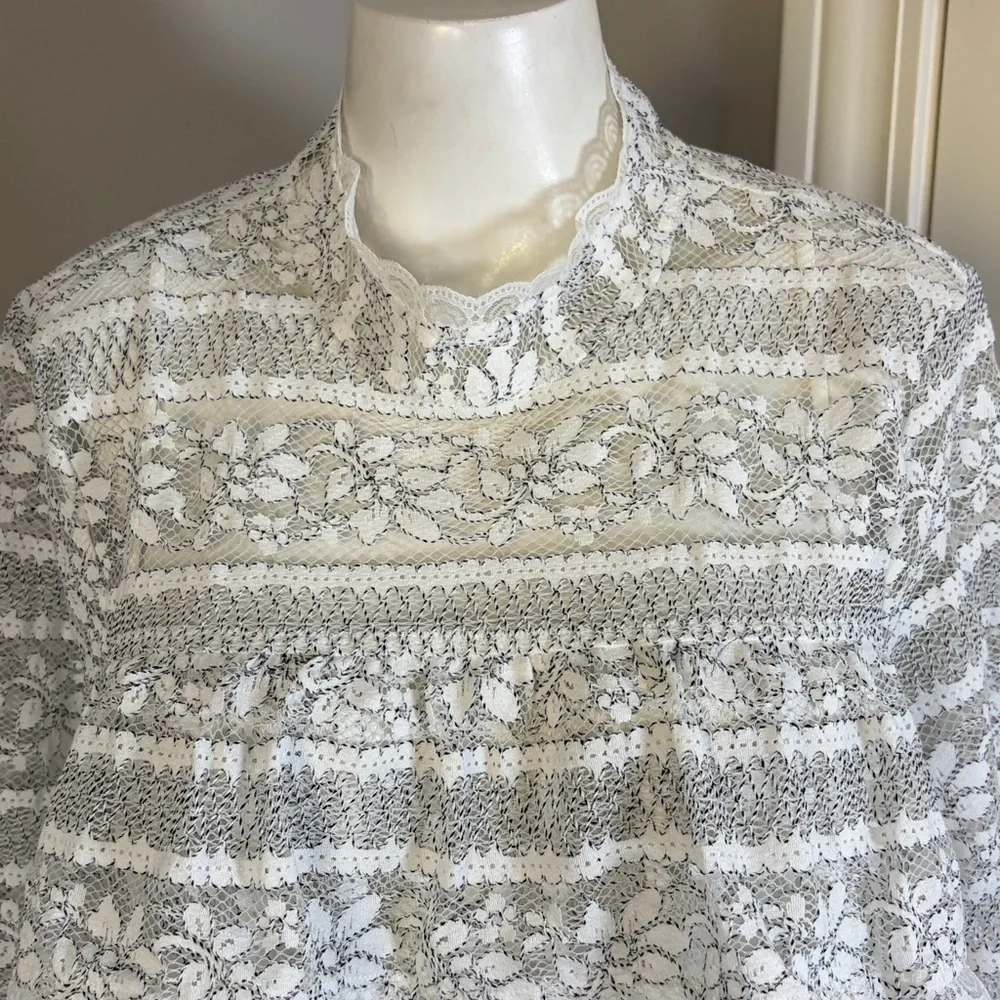 Anthropologie Mock Neck Long-Sleeve Lace Top Cream Black Sz L NEW